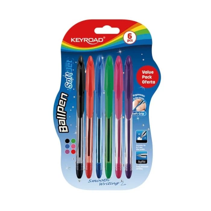 Stylo bille KEYROAD Soft Jet, 0,7 mm, lot de 6, blister, couleurs assorties