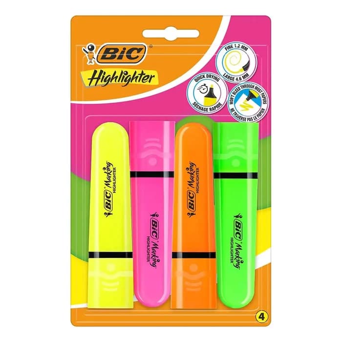 Surligneurs BIC Marking Flat Fluo - Assortiment de Couleurs Fluo, Pack de 4