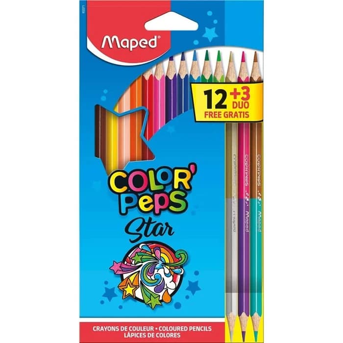 Maped Color Peps - 12 crayons de couleur + 3 crayons Duo - Fournitures scolaires