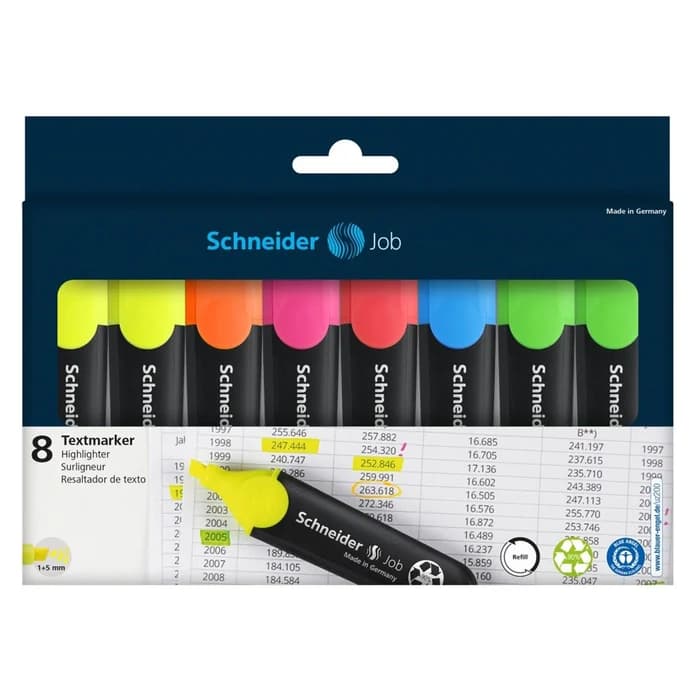 8 Surligneurs Schneider Job Original – Pointe Taillée 1–5 mm