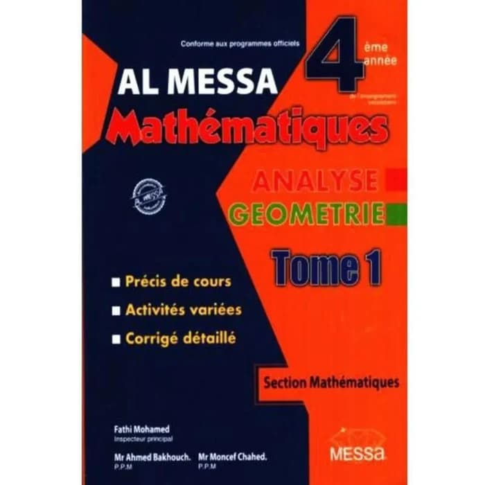 Al Messa Mathématiques 4ème Année Maths Tome 1